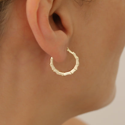 Bamboo Style Hoop Earrings 14K Solid Gold