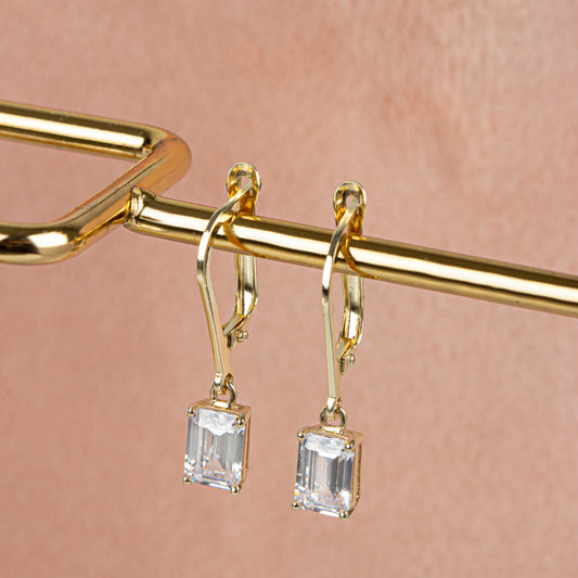 Dangle Rectangle White Topaz Earring 14K Solid Gold, April Birthstone