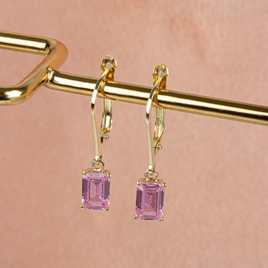 Dangle Rectangle Pink Tourmaline Earring 14K Solid Gold, October Birthstone