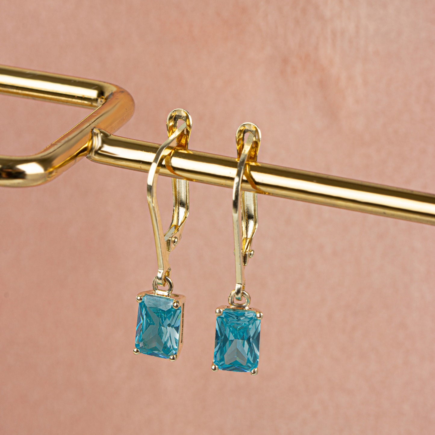 Dangle Rectangle Aquamarine Earring 14K Solid Gold, March Birthstone