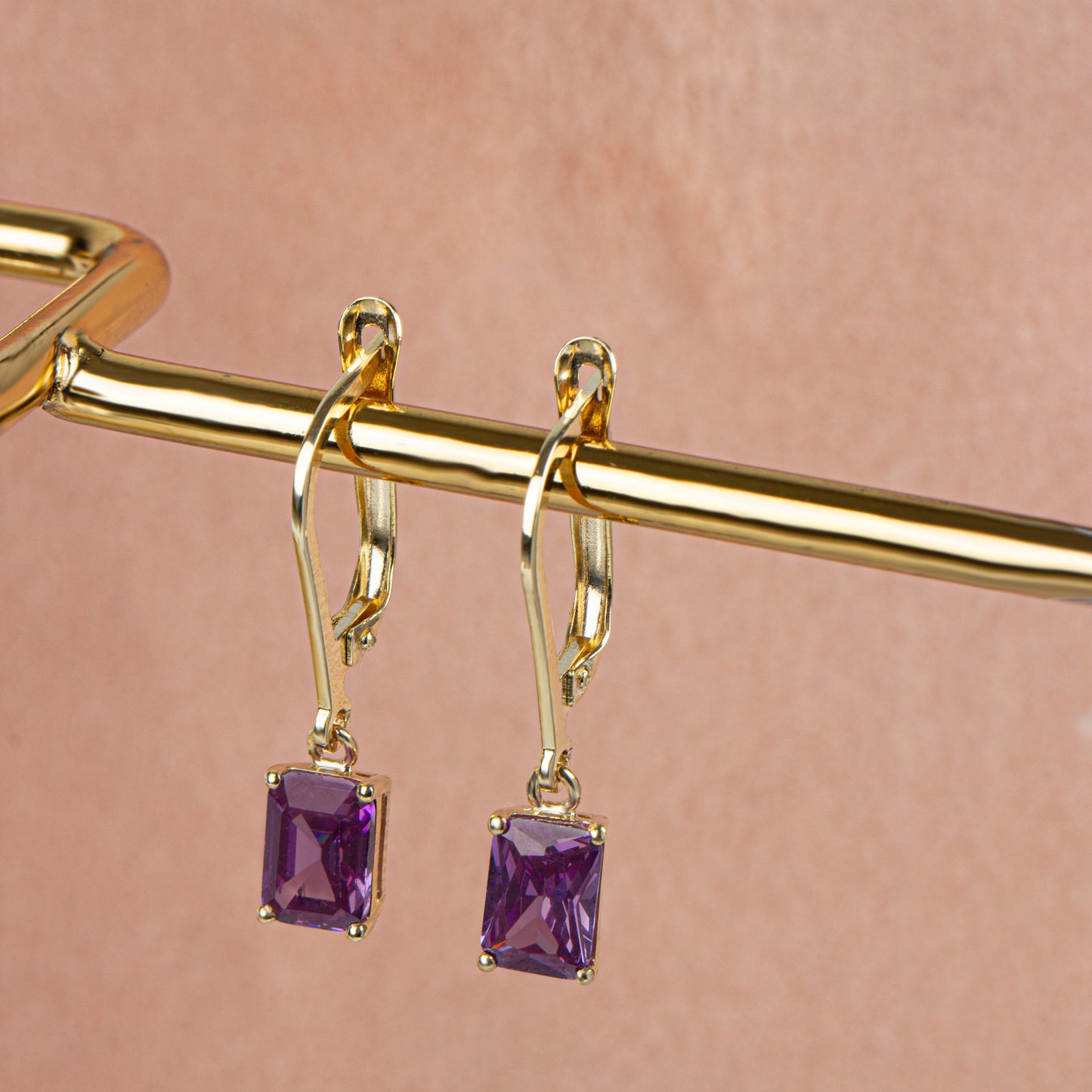 Dangle Rectangle Amethyst Earring 14K Solid Gold, February Birthstone