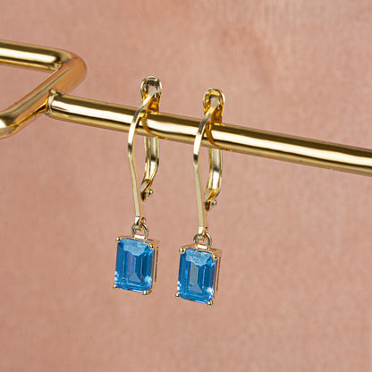 Dangle Rectangle Blue Topaz Earring 14K Solid Gold, December Birthstone