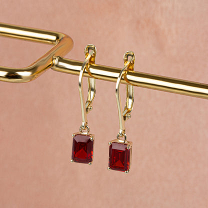 Dangle Rectangle Garnet Earring 14K Solid Gold, January Birthstone