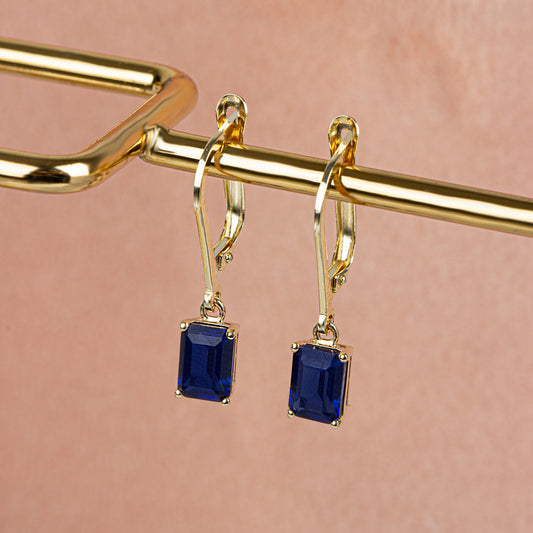 Dangle Rectangle Sapphire Earring 14K Solid Gold, September Birthstone