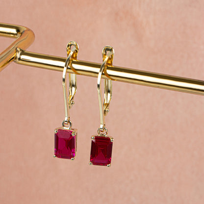 Dangle Rectangle Ruby Earring 14K Solid Gold, July Birthstone