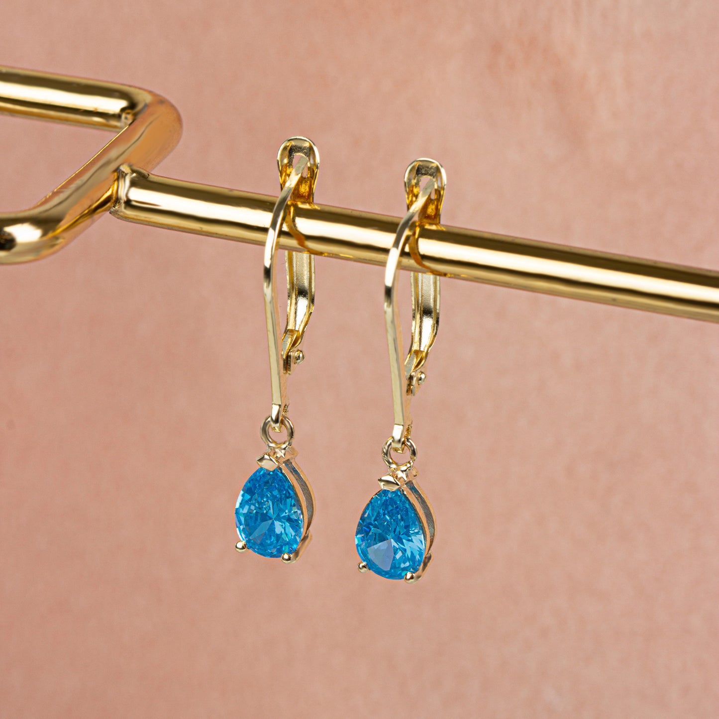 Dangle Drop Blue Topaz Earring 14K Solid Gold, December Birthstone