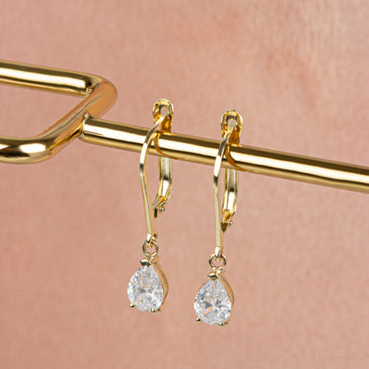 Dangle Drop White Topaz Earring 14K Solid Gold, April Birthstone