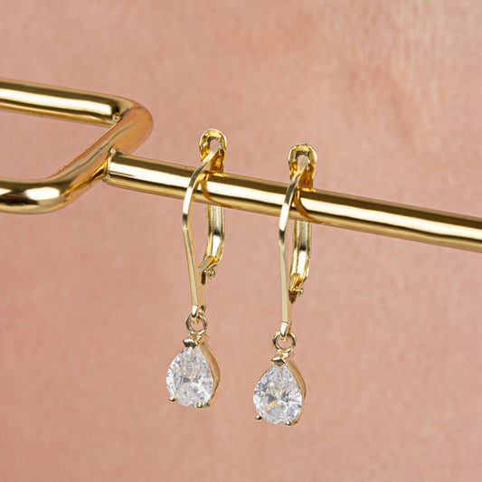 Dangle Drop White Topaz Earring 14K Solid Gold, April Birthstone