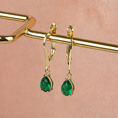 Dangle Drop Emerald Earring 14K Solid Gold, May Birthstone