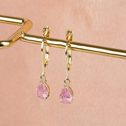 Dangle Drop Pink Tourmaline Earring 14K Solid Gold, October Birthstone