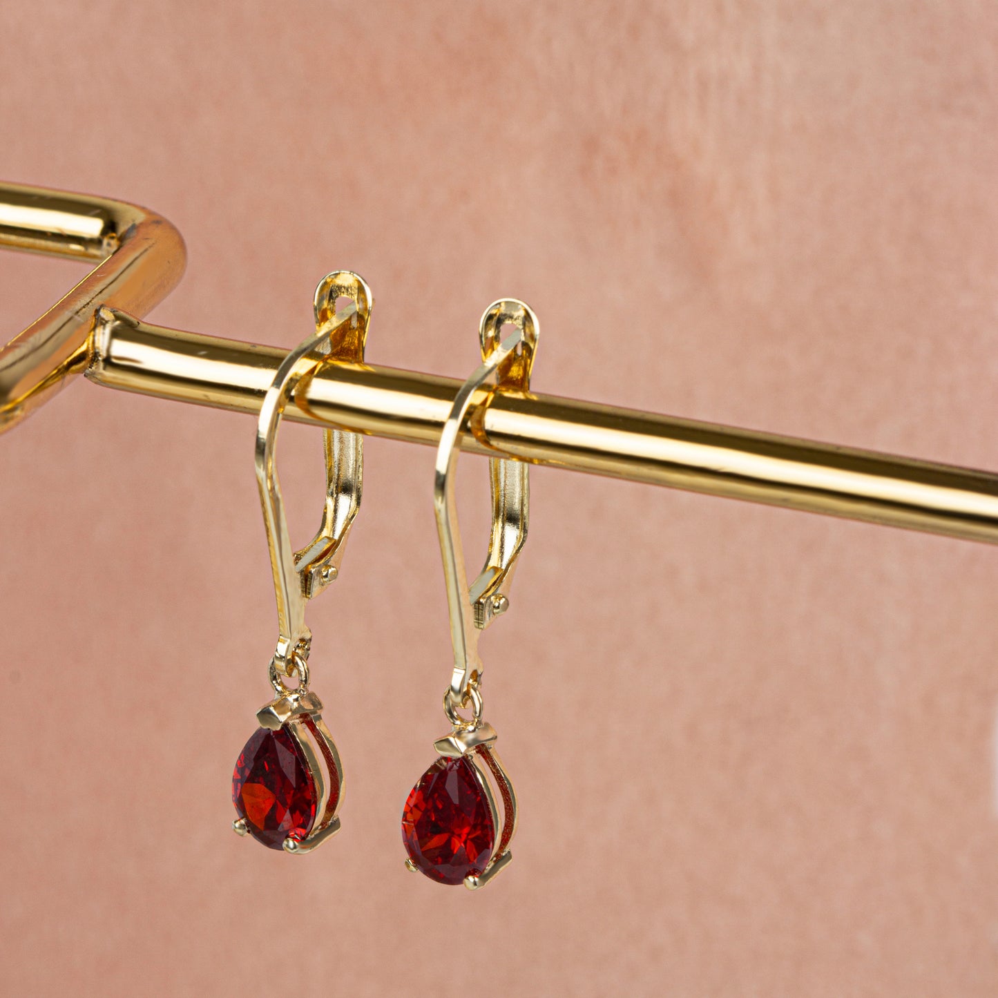 Dangle Drop Garnet Earring 14K Solid Gold, January Birthstone