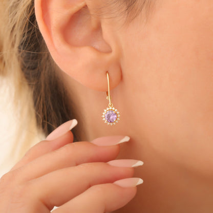 14K Solid Gold Amethyst Dangle Earrings in Round Shape Surrounded by Real Diamonds February Birthstone Jewelry