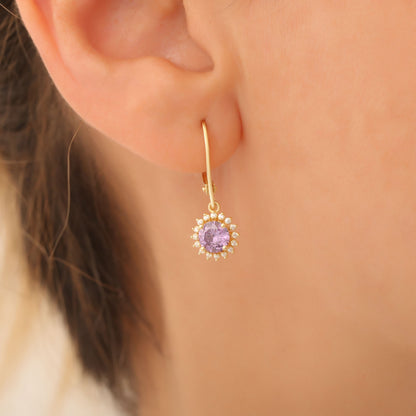 14K Solid Gold Amethyst Dangle Earrings in Round Shape Surrounded by Real Diamonds February Birthstone Jewelry