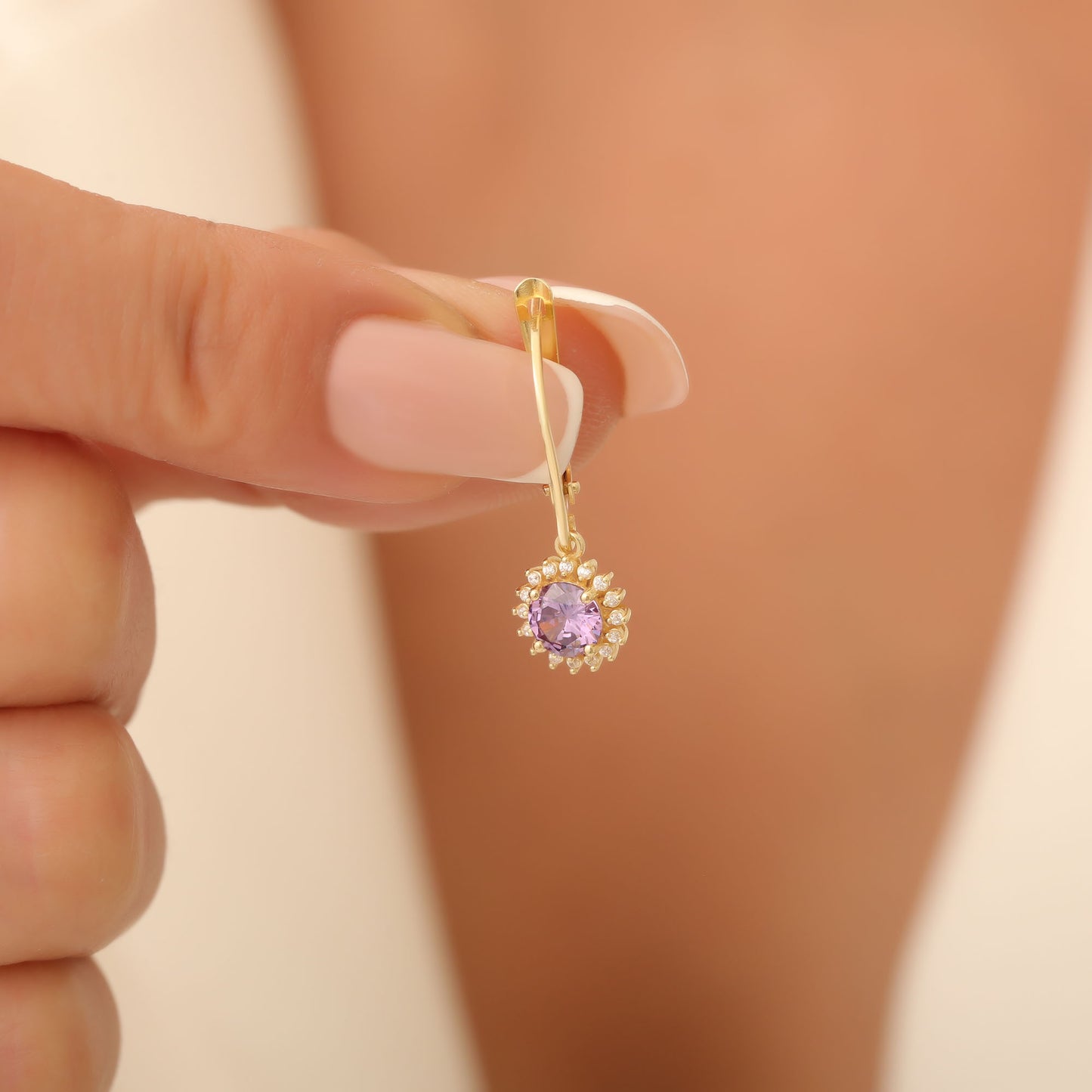 14K Solid Gold Amethyst Dangle Earrings in Round Shape Surrounded by Real Diamonds February Birthstone Jewelry