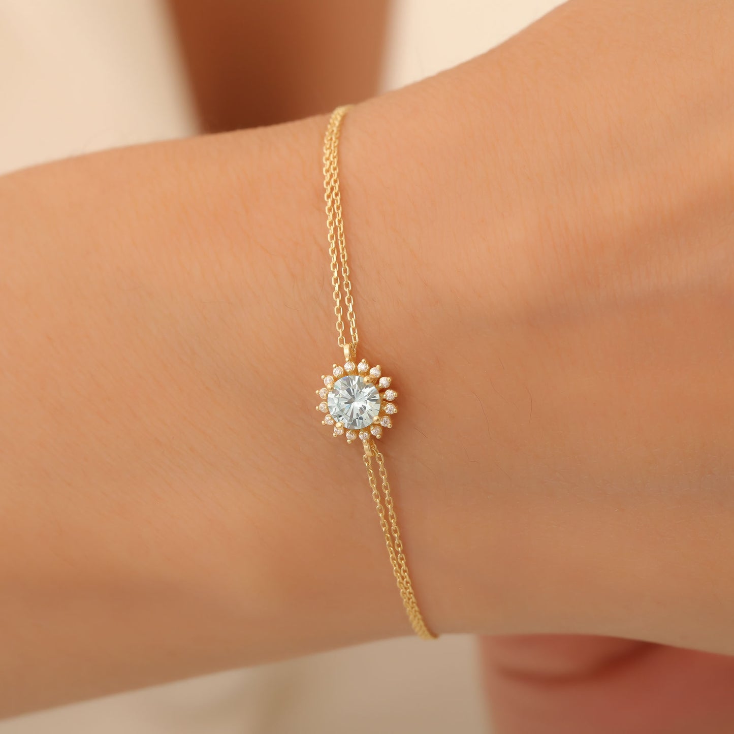 14K Solid Gold Aquamarine Bracelet in Round Shape Surrounded by Real Diamonds, Timeless Birthstone Jewelry for March Gifts