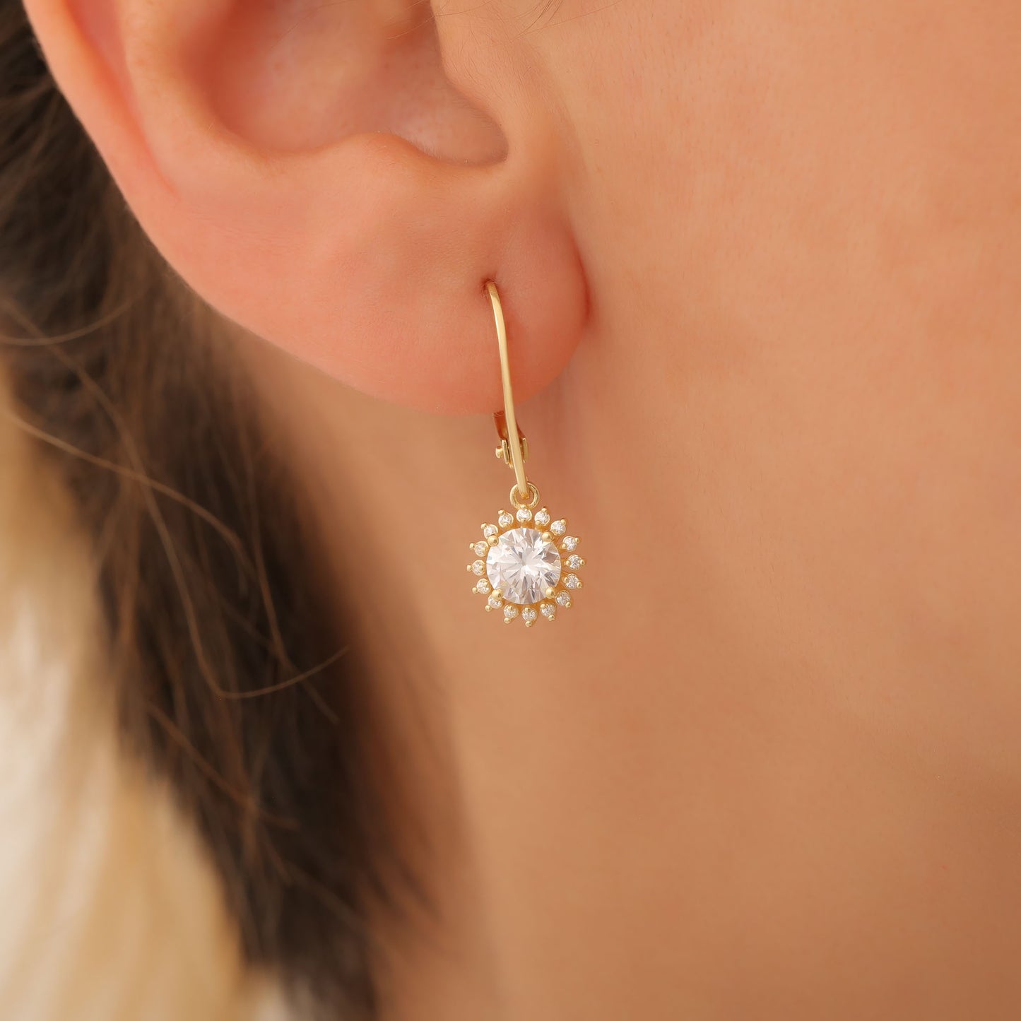 14K Solid Gold White Topaz Dangle Earrings in Round Shape Surrounded by Real Diamonds, Birthstone Jewelry for April Gifts