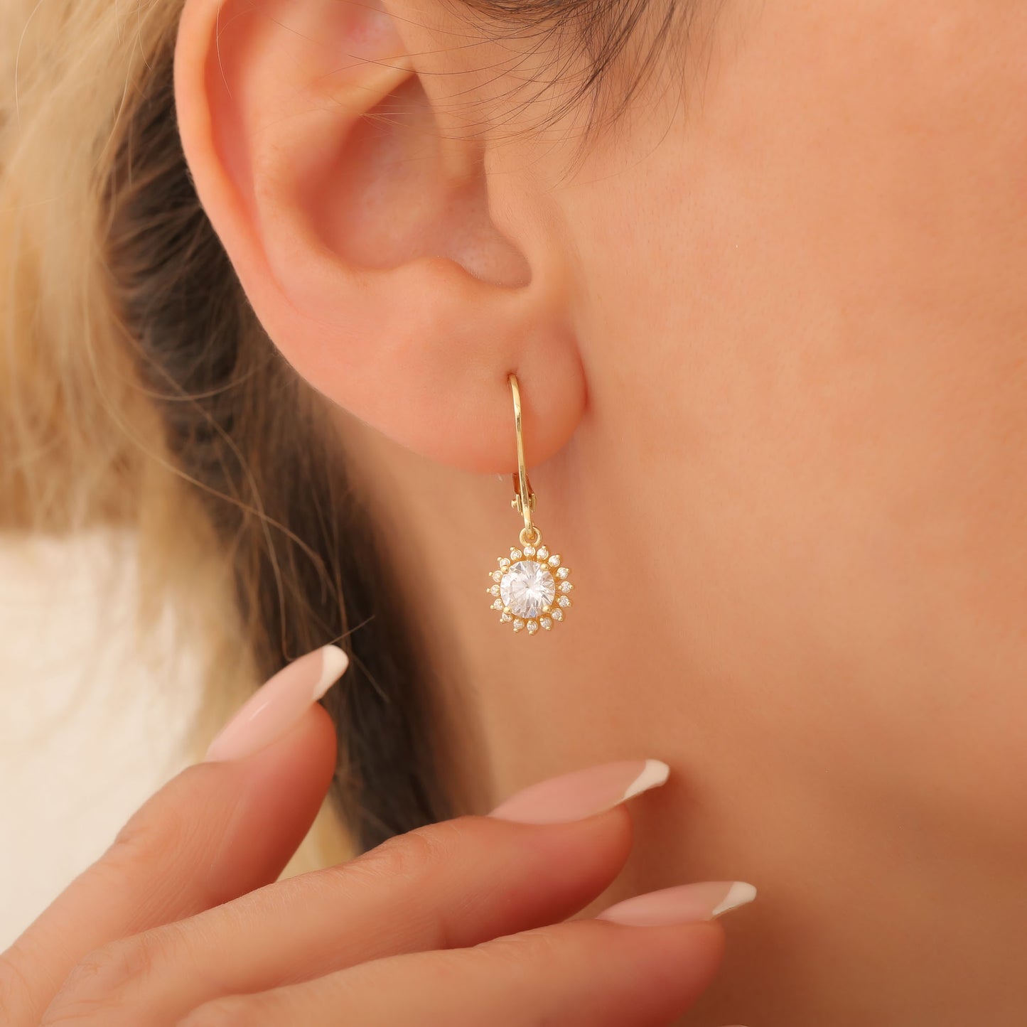 14K Solid Gold White Topaz Dangle Earrings in Round Shape Surrounded by Real Diamonds, Birthstone Jewelry for April Gifts