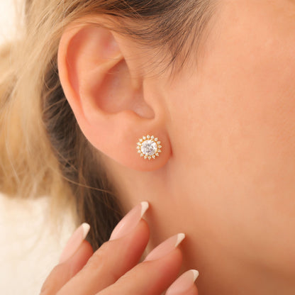 14K Solid Gold White Topaz Stud Earrings in Round Shape Surrounded by Real Diamonds, Birthstone Jewelry for April