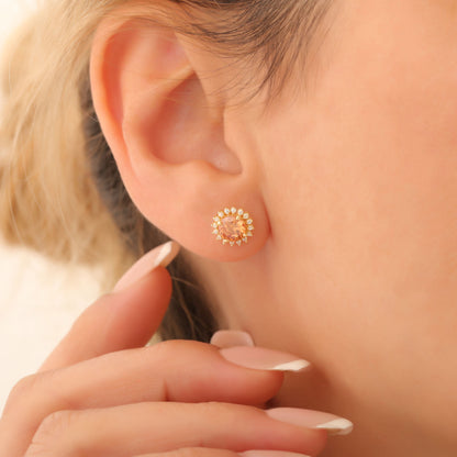 14K Solid Gold Citrine Stud Earrings in Round Shape Surrounded by Real Diamonds, Birthstone Jewelry for November