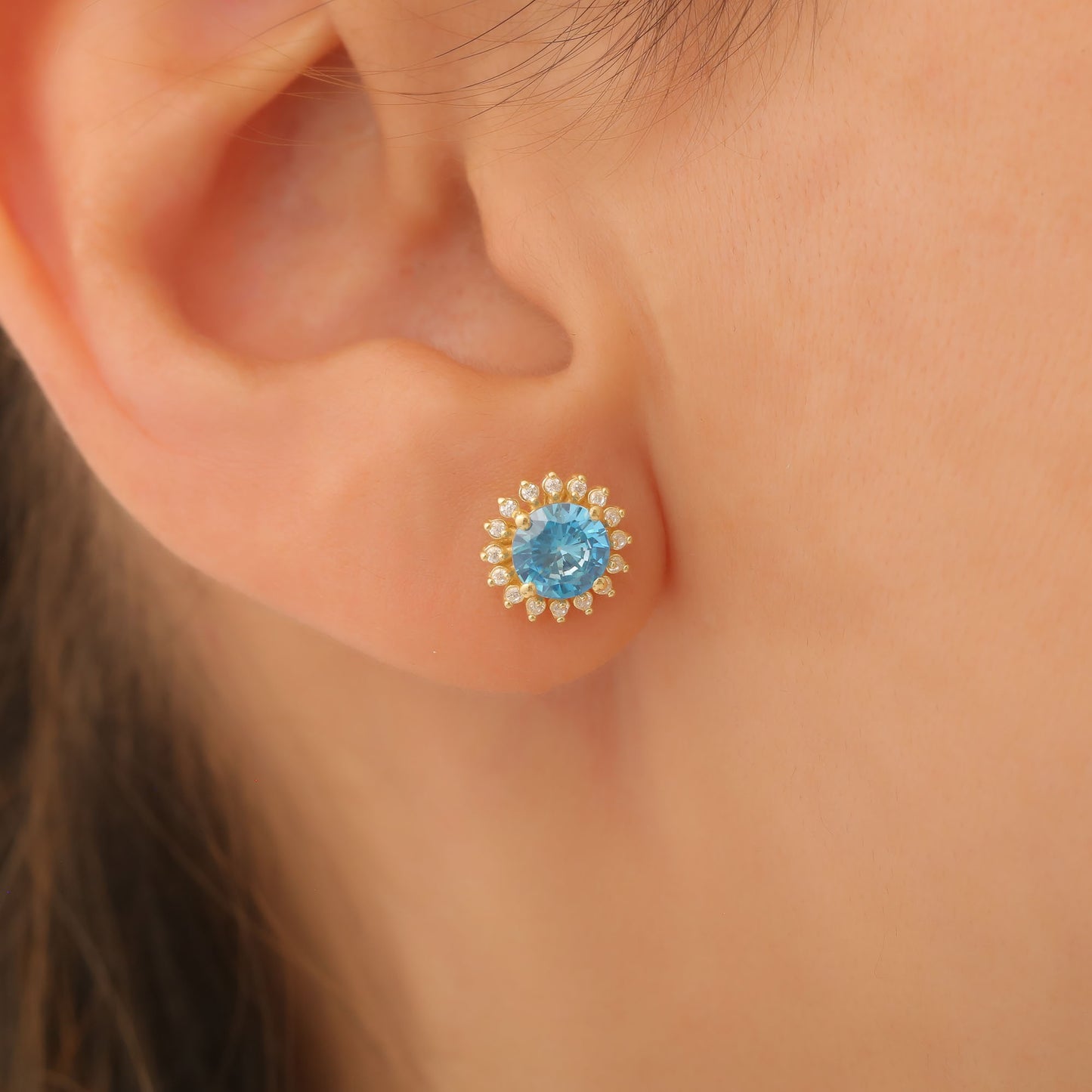 14K Solid Gold Blue Topaz Stud Earrings in Round Shape Surrounded by Real Diamonds, Timeless Birthstone Jewelry for December