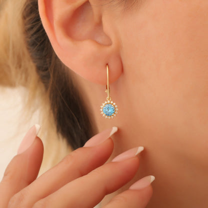 14K Solid Gold Blue Topaz Dangle Earrings in Round Shape Surrounded by Real Diamonds, Timeless Birthstone Jewelry for December Gifts