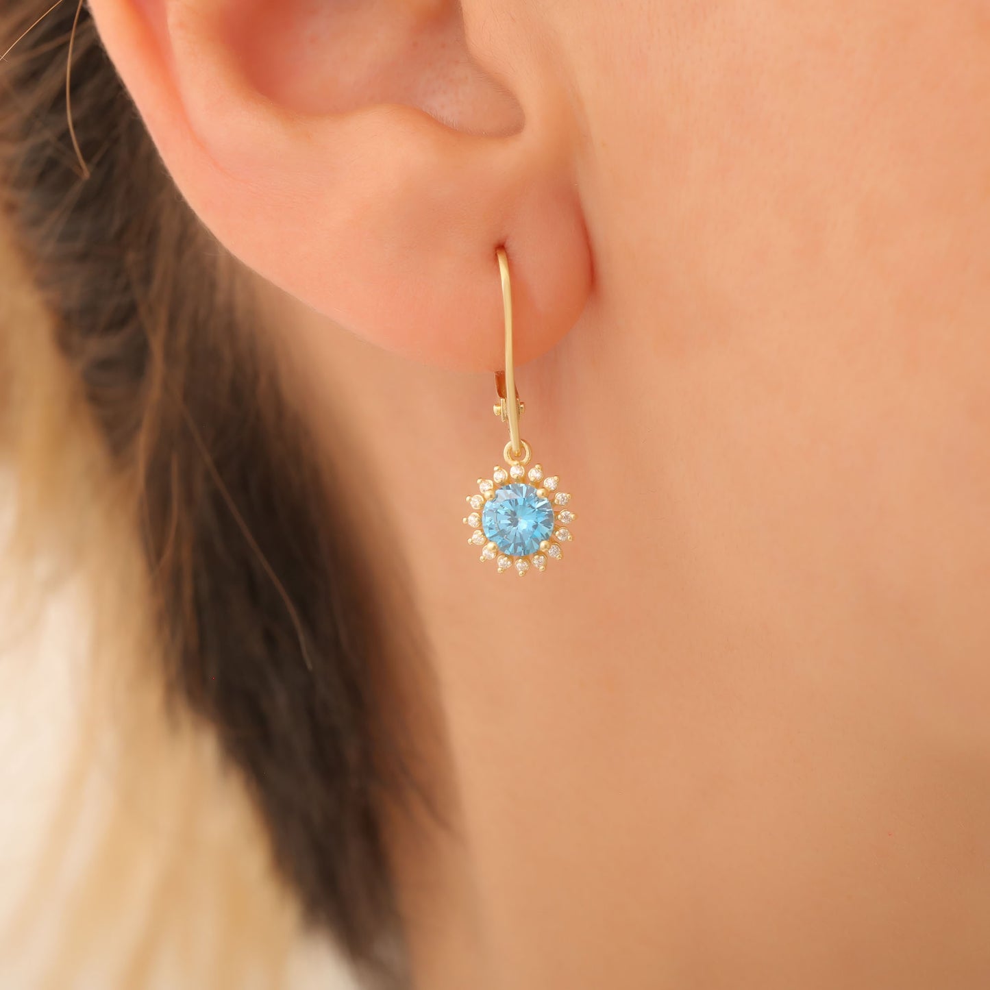 14K Solid Gold Blue Topaz Dangle Earrings in Round Shape Surrounded by Real Diamonds, Timeless Birthstone Jewelry for December Gifts