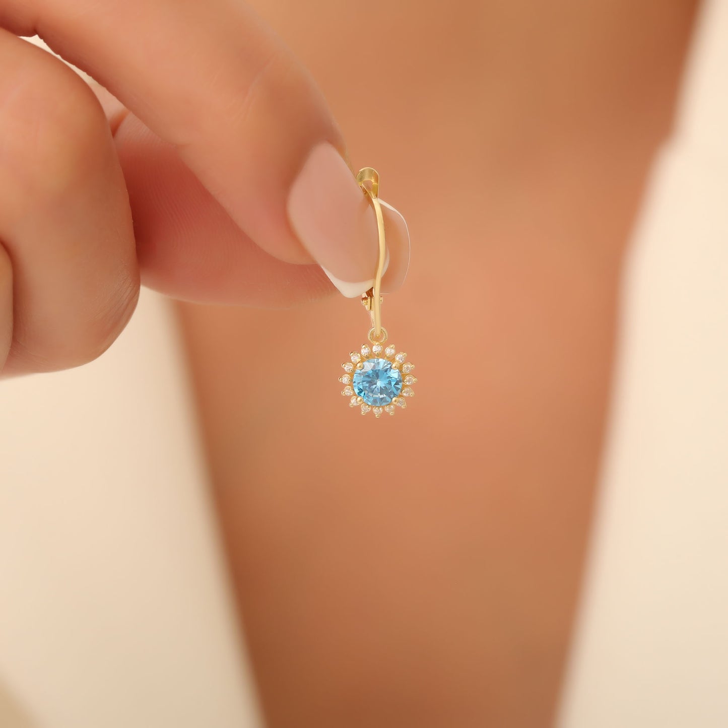 14K Solid Gold Blue Topaz Dangle Earrings in Round Shape Surrounded by Real Diamonds, Timeless Birthstone Jewelry for December Gifts