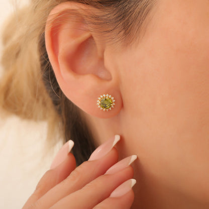 14K Solid Gold Peridot Stud Earrings in Round Shape Surrounded by Real Diamonds, August Birthstone Jewelry