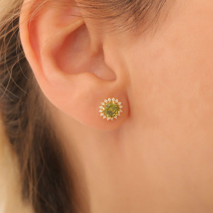 14K Solid Gold Peridot Stud Earrings in Round Shape Surrounded by Real Diamonds, August Birthstone Jewelry