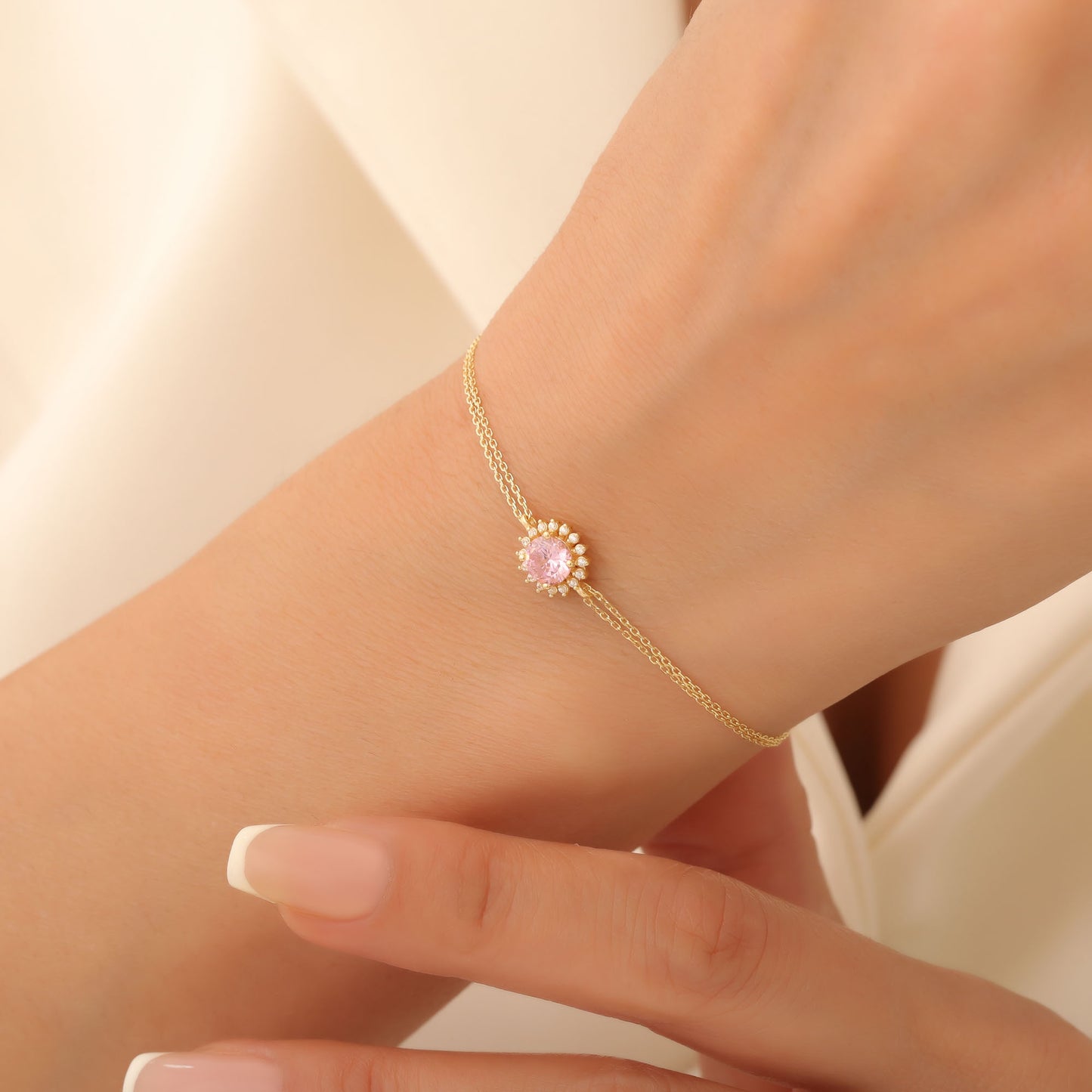 14K Solid Gold Pink Tourmaline Bracelet in Round Shape Surrounded by Real Diamonds, Birthstone Jewelry for October Gifts