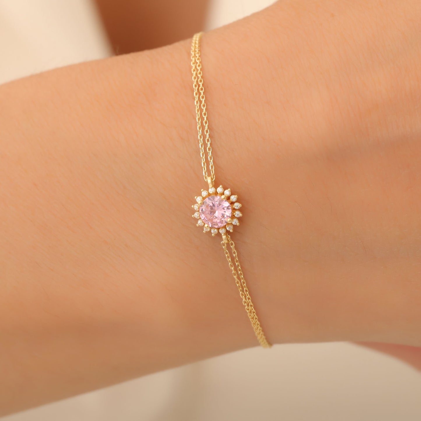 14K Solid Gold Pink Tourmaline Bracelet in Round Shape Surrounded by Real Diamonds, Birthstone Jewelry for October Gifts