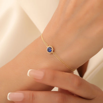 14K Solid Gold Sapphire Bracelet in Round Shape Surrounded by Real Diamonds, Birthstone Jewelry for September Gifts