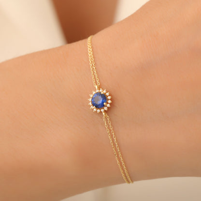 14K Solid Gold Sapphire Bracelet in Round Shape Surrounded by Real Diamonds, Birthstone Jewelry for September Gifts