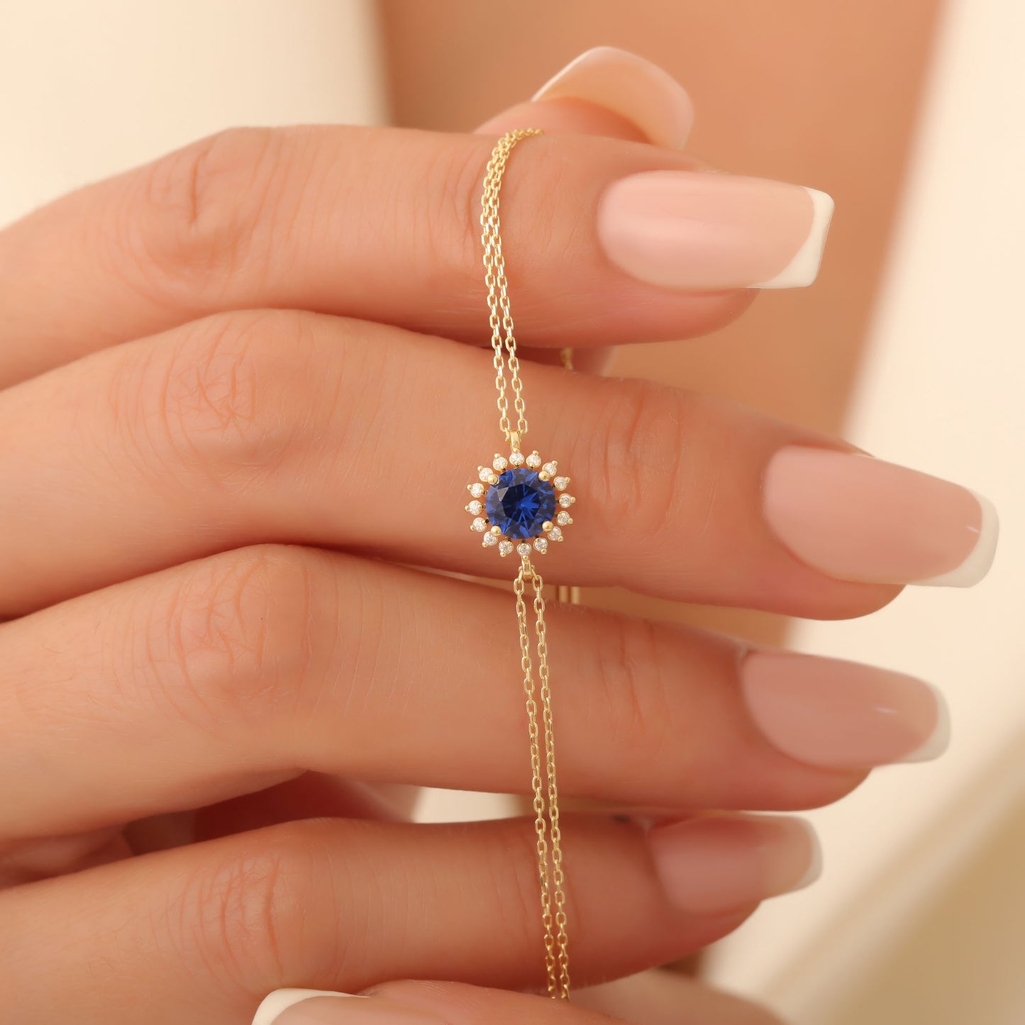 14K Solid Gold Sapphire Bracelet in Round Shape Surrounded by Real Diamonds, Birthstone Jewelry for September Gifts