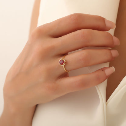 Ruby Ring in Round 14K Solid Gold Shape Surrounded by Real Diamonds, July Birthstone