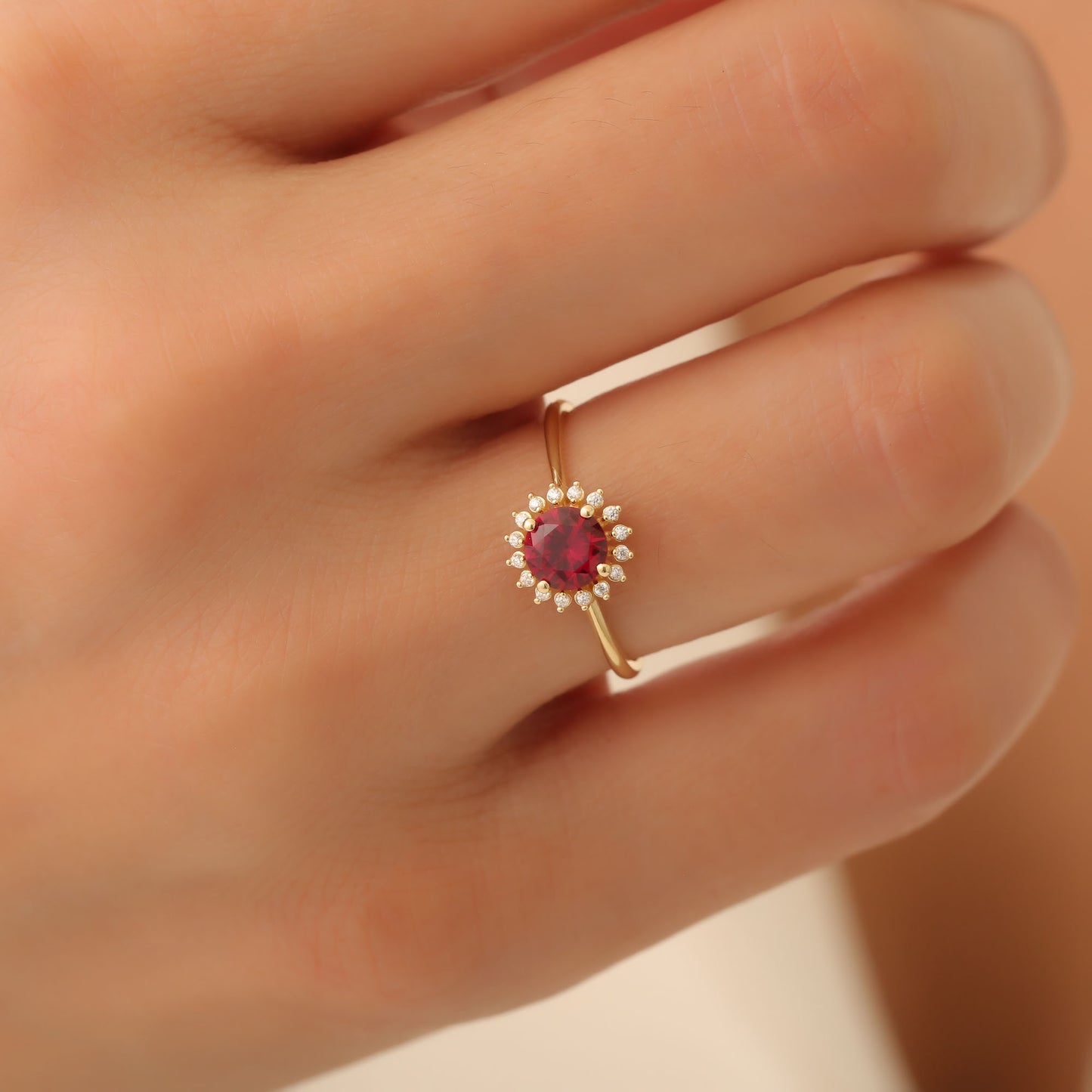 Ruby Ring in Round 14K Solid Gold Shape Surrounded by Real Diamonds, July Birthstone