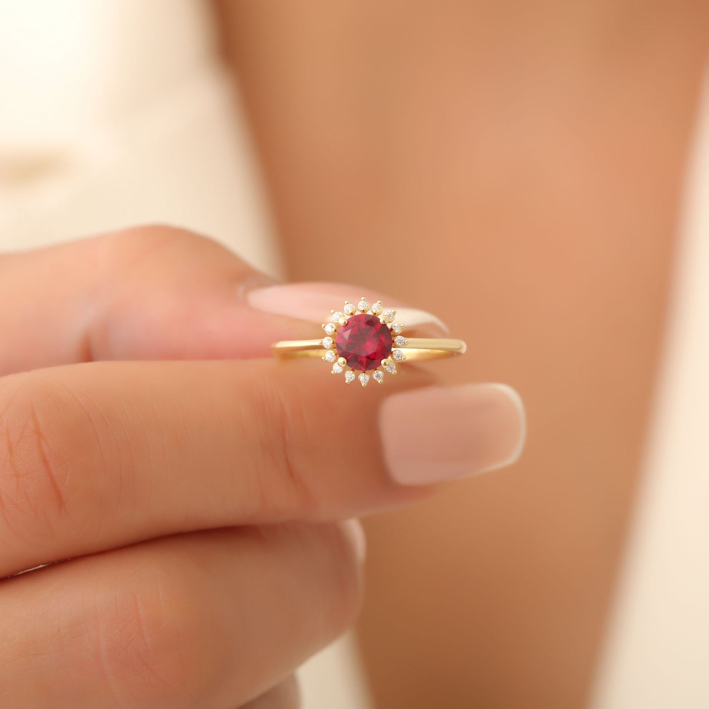 Ruby Ring in Round 14K Solid Gold Shape Surrounded by Real Diamonds, July Birthstone