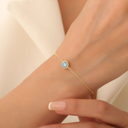 14K Solid Gold Blue Topaz Bracelet in Round Shape Surrounded by Real Diamonds, Birthstone Jewelry for December Gifts