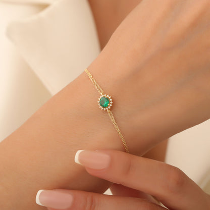 14K Solid Gold Emerald Bracelet in Round Shape Surrounded by Real Diamonds, May Birthstone Jewelry for Special Occasions