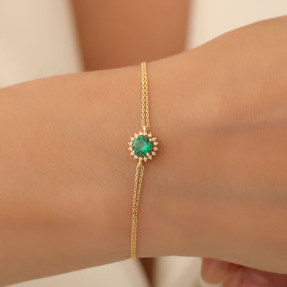 14K Solid Gold Emerald Bracelet in Round Shape Surrounded by Real Diamonds, May Birthstone Jewelry for Special Occasions