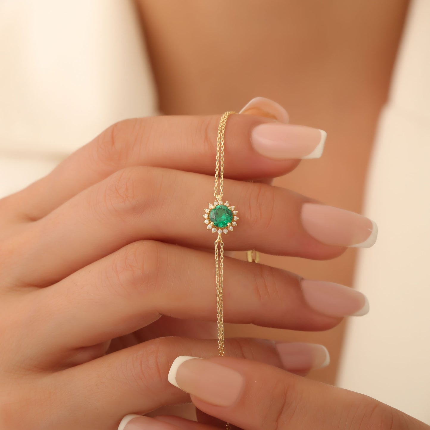 14K Solid Gold Emerald Bracelet in Round Shape Surrounded by Real Diamonds, May Birthstone Jewelry for Special Occasions