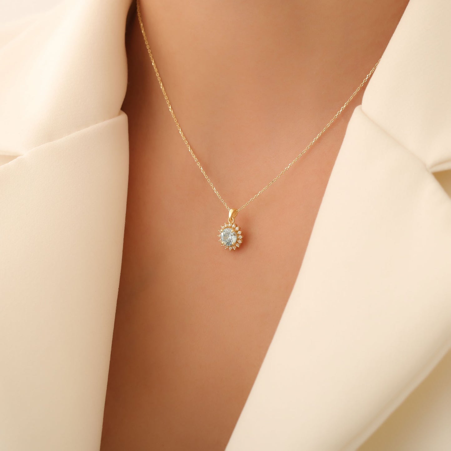 14K Solid Gold Aquamarine Necklace in Round Shape Surrounded by Real Diamonds, Timeless Birthstone Jewelry for March Gifts