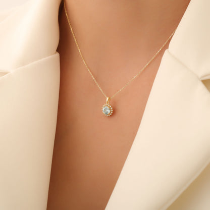 14K Solid Gold Aquamarine Necklace in Round Shape Surrounded by Real Diamonds, Timeless Birthstone Jewelry for March Gifts