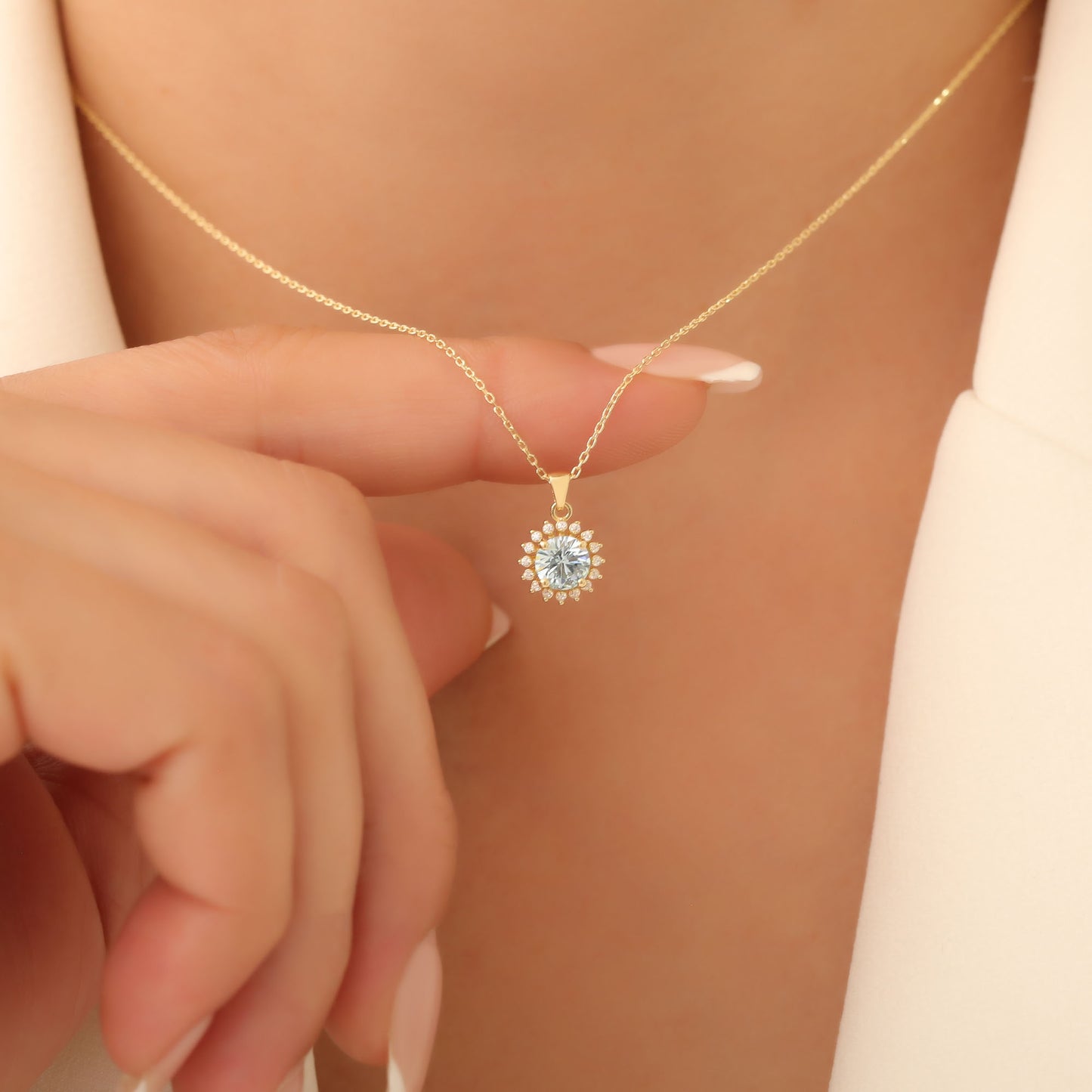 14K Solid Gold Aquamarine Necklace in Round Shape Surrounded by Real Diamonds, Timeless Birthstone Jewelry for March Gifts