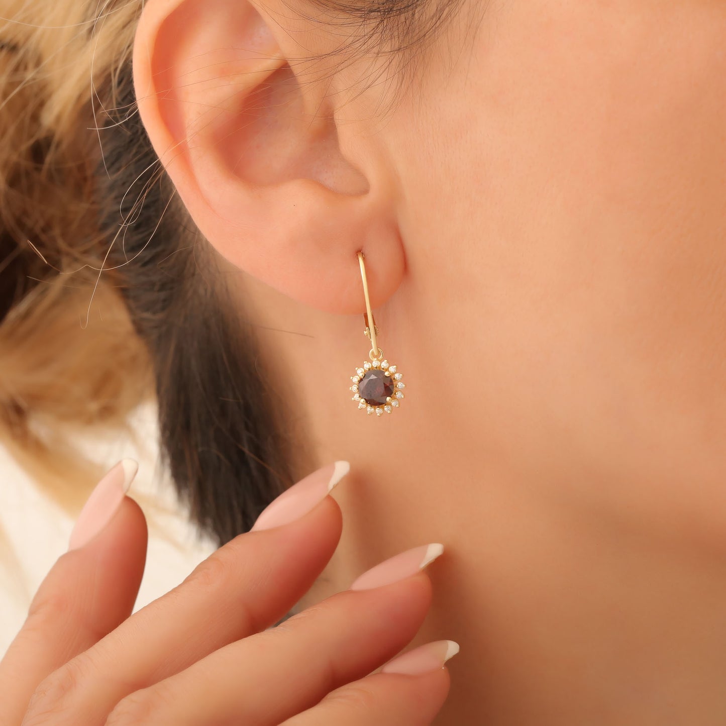 14K Solid Gold Smoky Quartz Dangle Earrings in Round Shape Surrounded by Real Diamonds