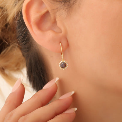 14K Solid Gold Smoky Quartz Dangle Earrings in Round Shape Surrounded by Real Diamonds