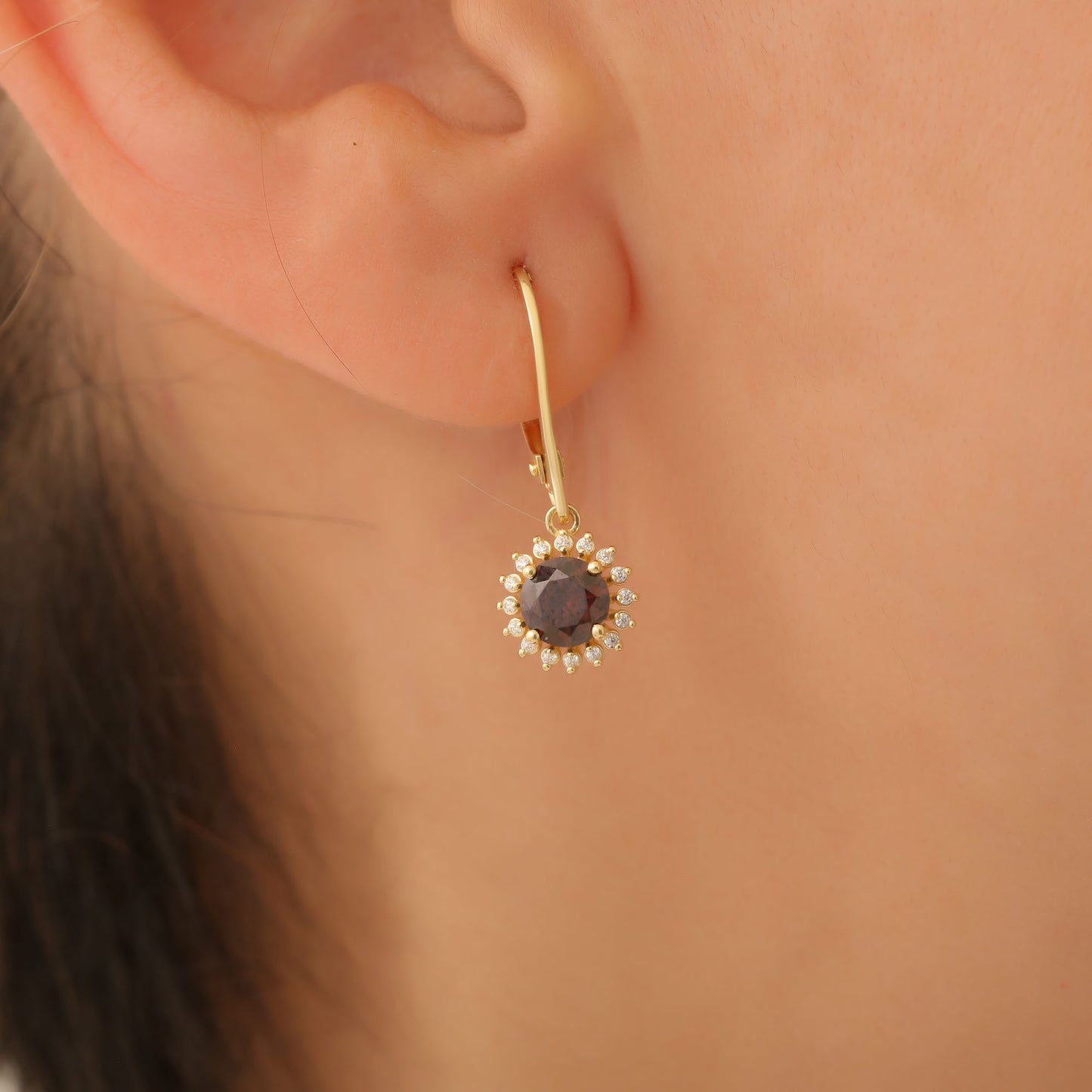 14K Solid Gold Smoky Quartz Dangle Earrings in Round Shape Surrounded by Real Diamonds