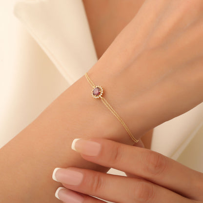 14K Solid Gold Garnet Bracelet in Round Shape Surrounded by Real Diamonds, Timeless Birthstone Jewelry for January Gifts