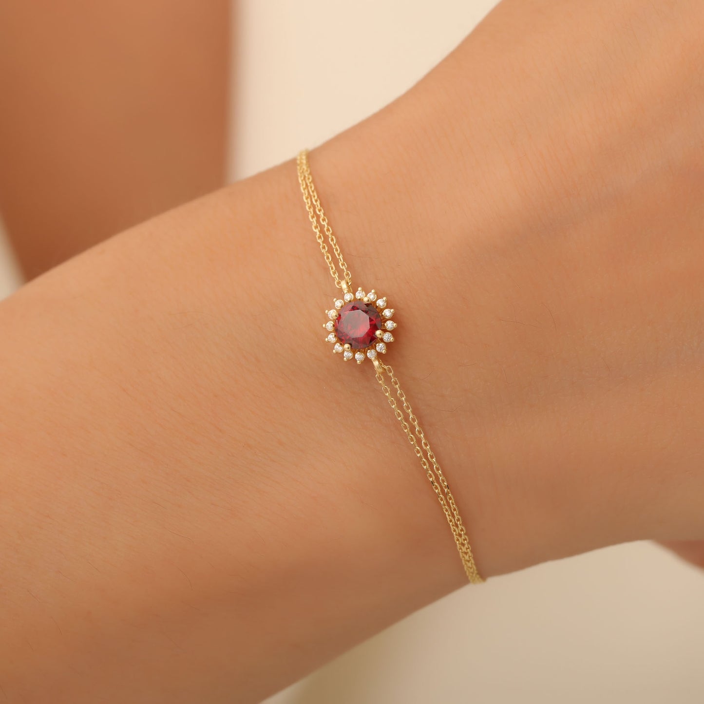 14K Solid Gold Garnet Bracelet in Round Shape Surrounded by Real Diamonds, Timeless Birthstone Jewelry for January Gifts