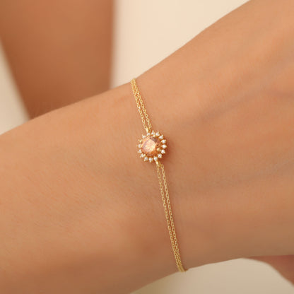 14K Solid Gold Citrine Bracelet in Round Shape Surrounded by Real Diamonds, Timeless Birthstone Jewelry for November Gifts